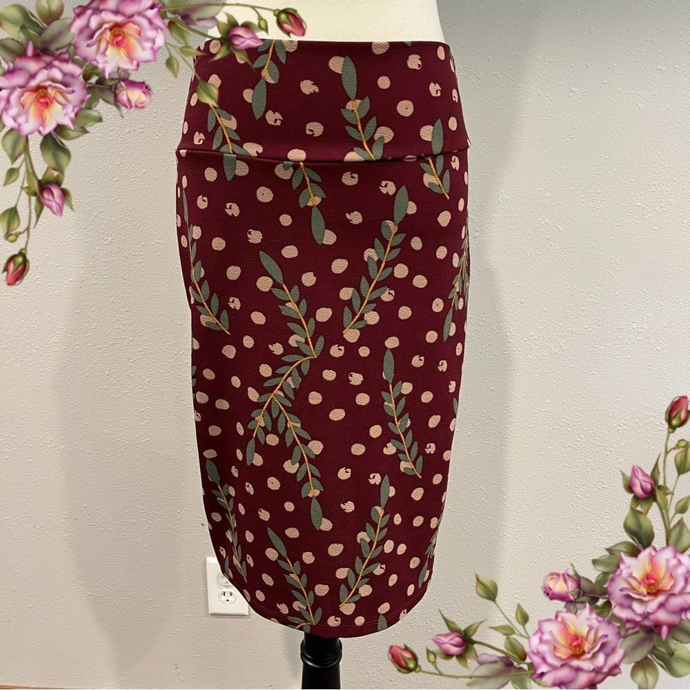 LuLaRoe Leaves Print Cassie Pencil Skirt size medium burgundy color‎